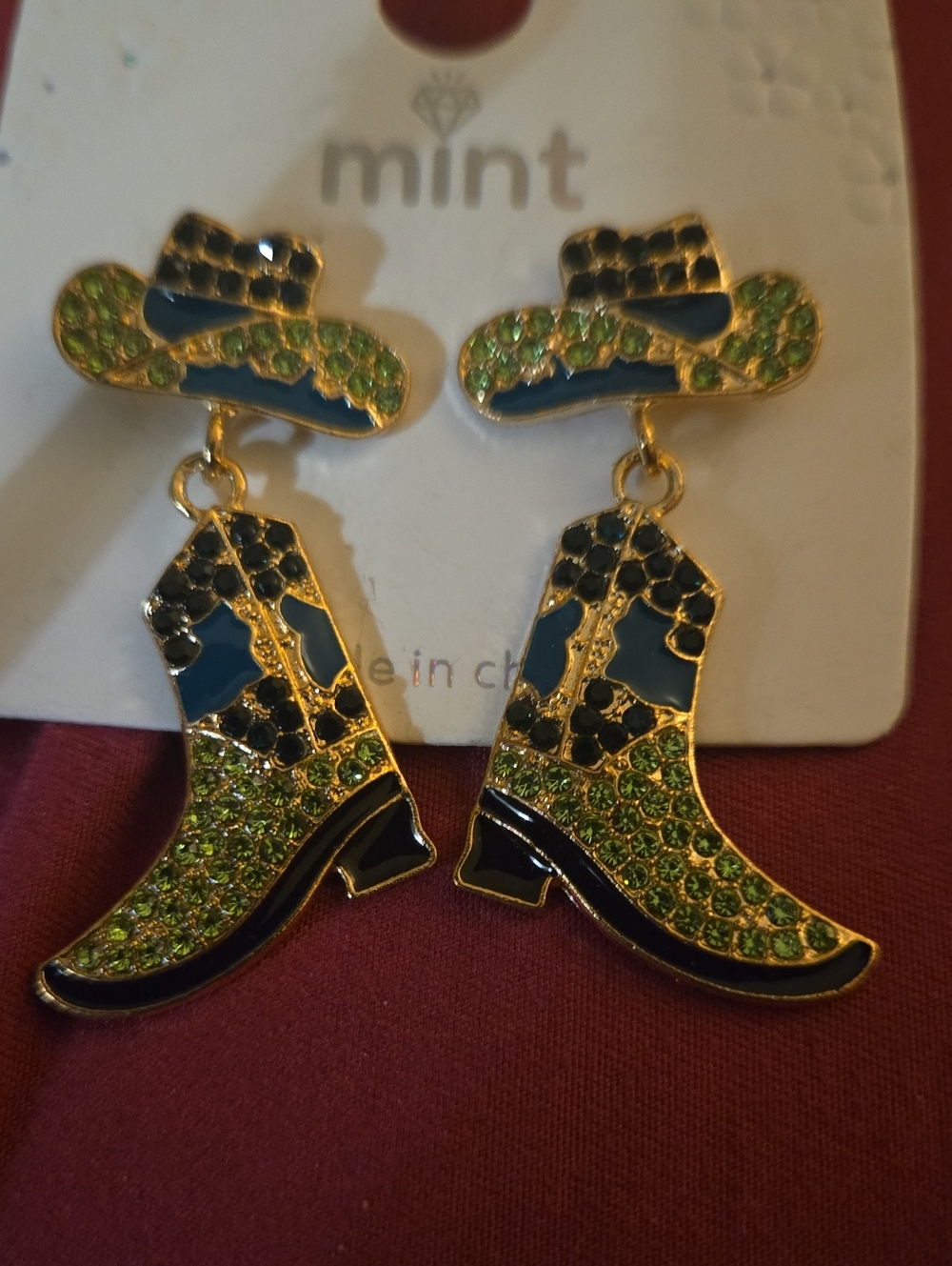 Western Green Crystal Cowboy Boot Drop Bling Dangle  Earrings